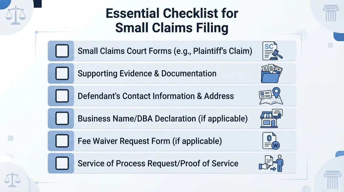 Checklist of essential small claims court forms and documents