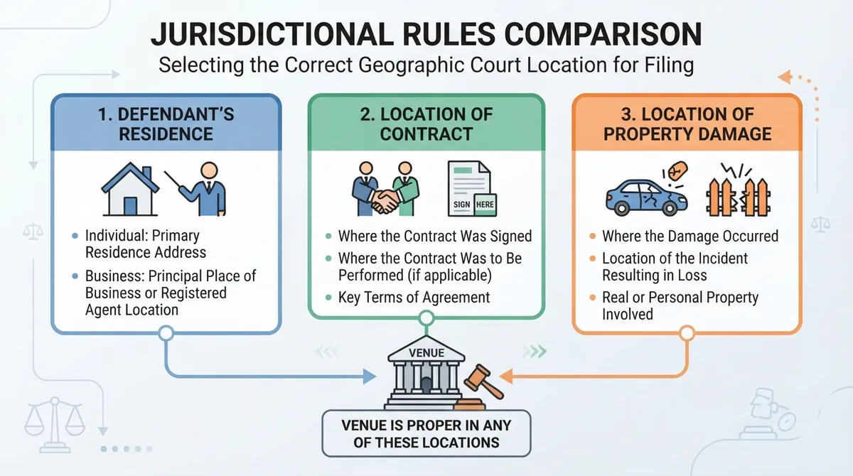 Comparison diagram of small claims court venue selection criteria
