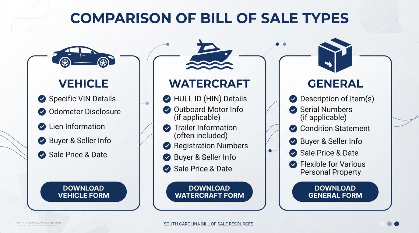 Comparison of different South Carolina Bill of Sale types