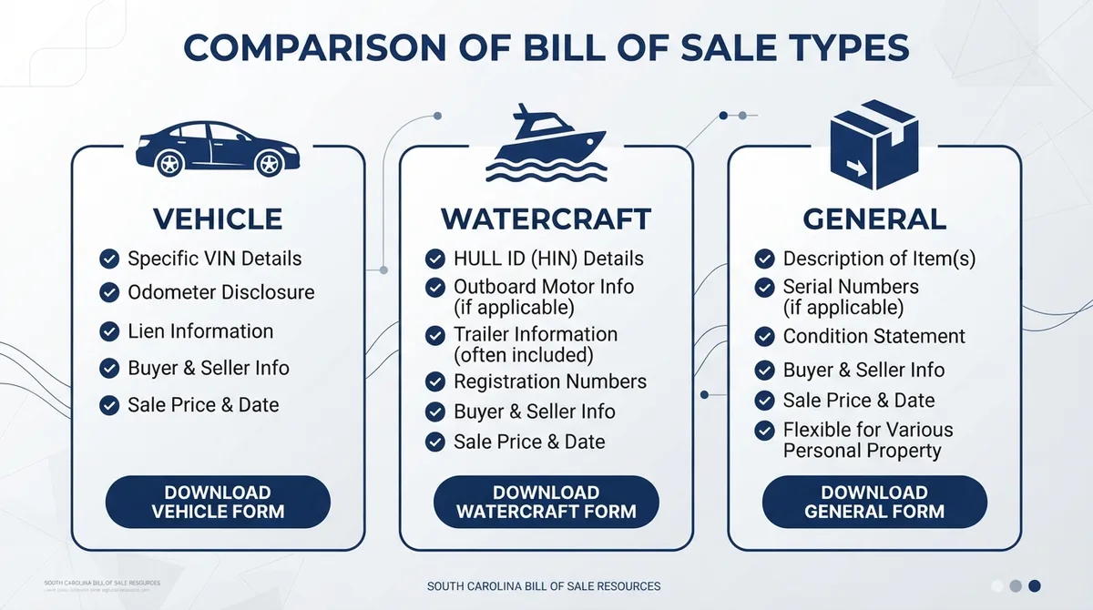 Comparison of different South Carolina Bill of Sale types