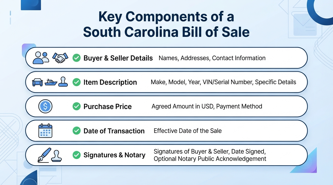 Checklist of essential components of a South Carolina Bill of Sale