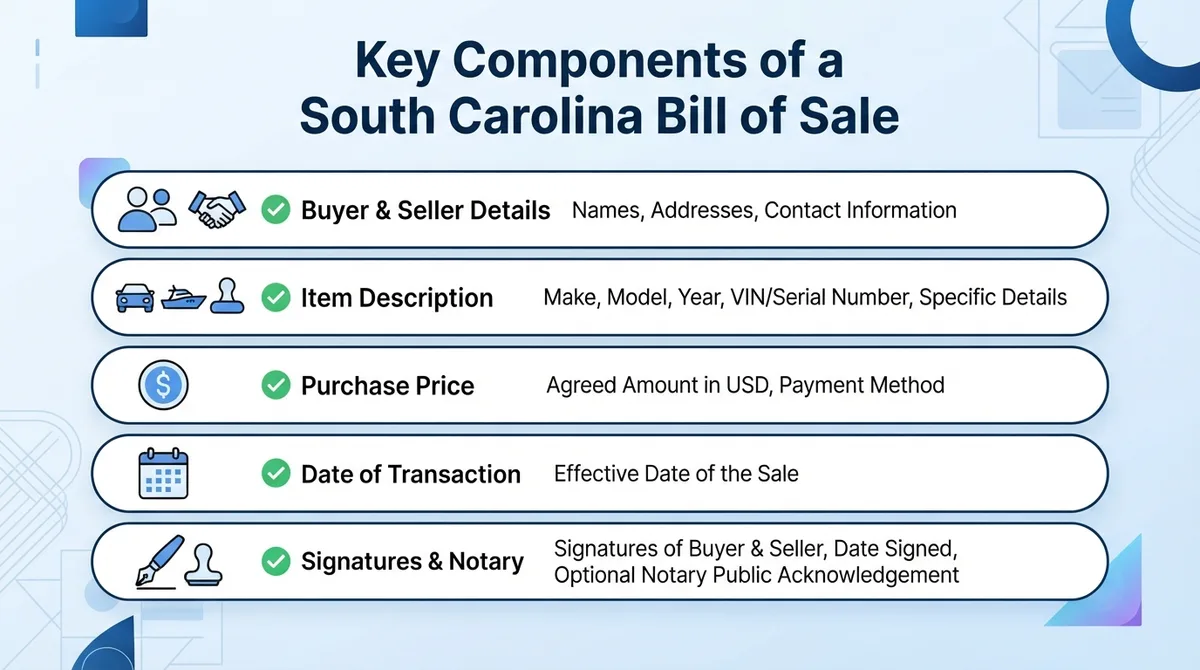 Checklist of essential components of a South Carolina Bill of Sale