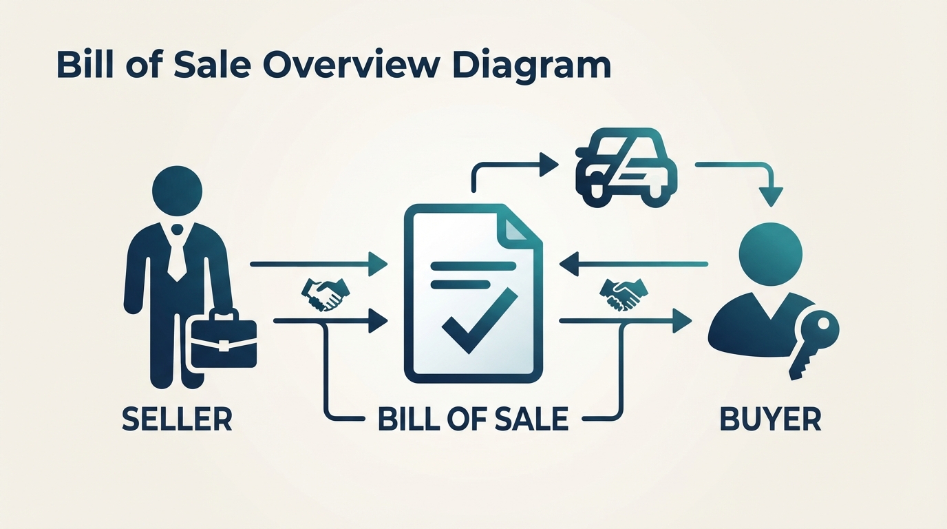 Infographic illustrating the transaction between a buyer and a seller using a bill of sale.