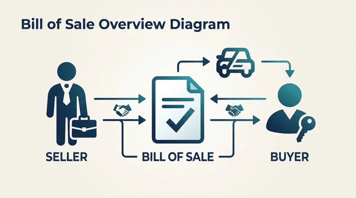 Infographic illustrating the transaction between a buyer and a seller using a bill of sale.