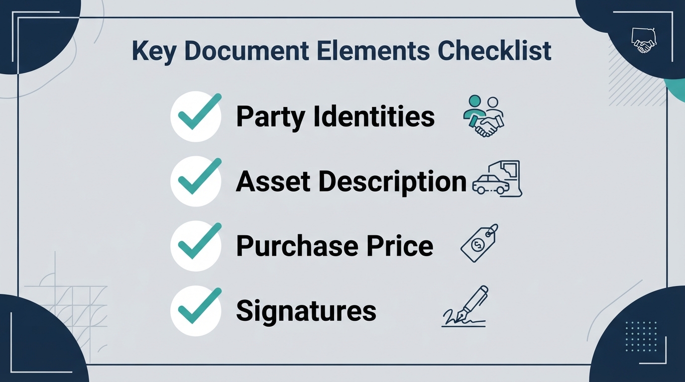 Checklist of essential elements required in a South Dakota Bill of Sale.