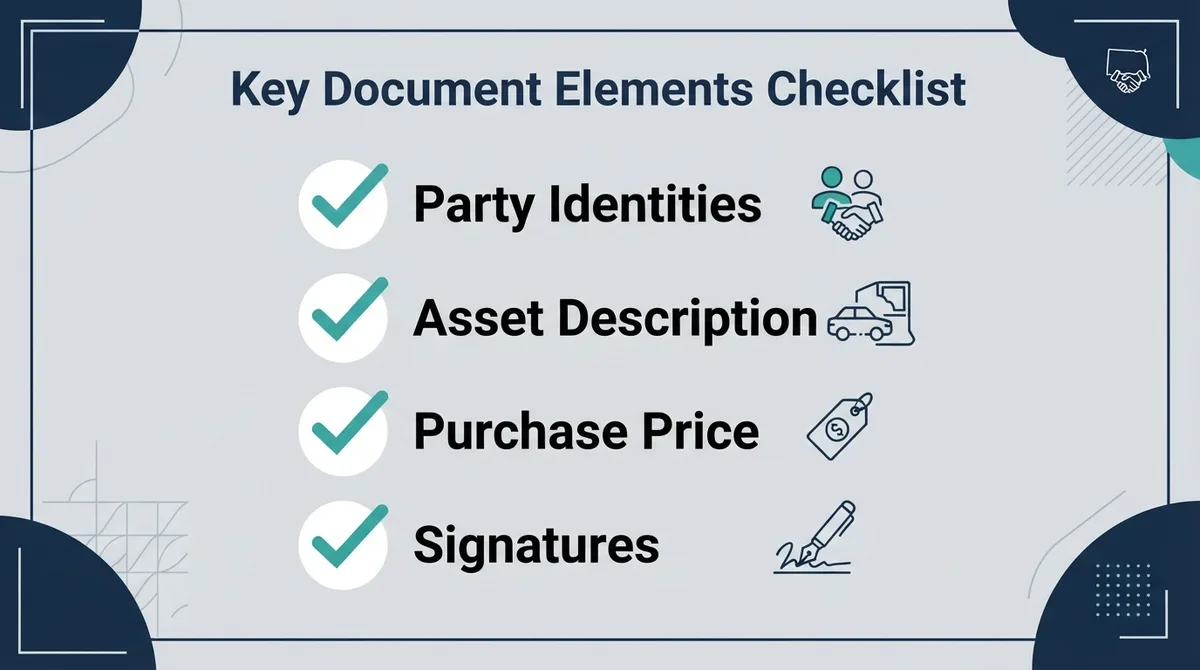 Checklist of essential elements required in a South Dakota Bill of Sale.