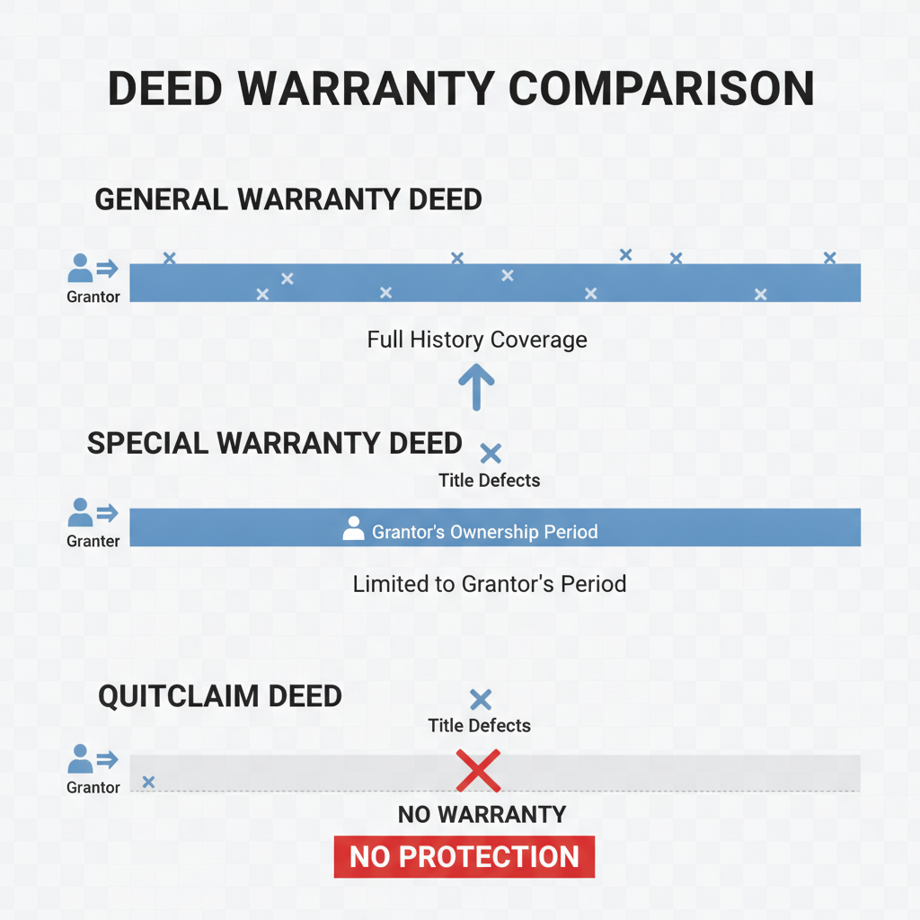 Comparison table showing the scope of warranty for General Warranty, Special Warranty, and Quitclaim deeds.