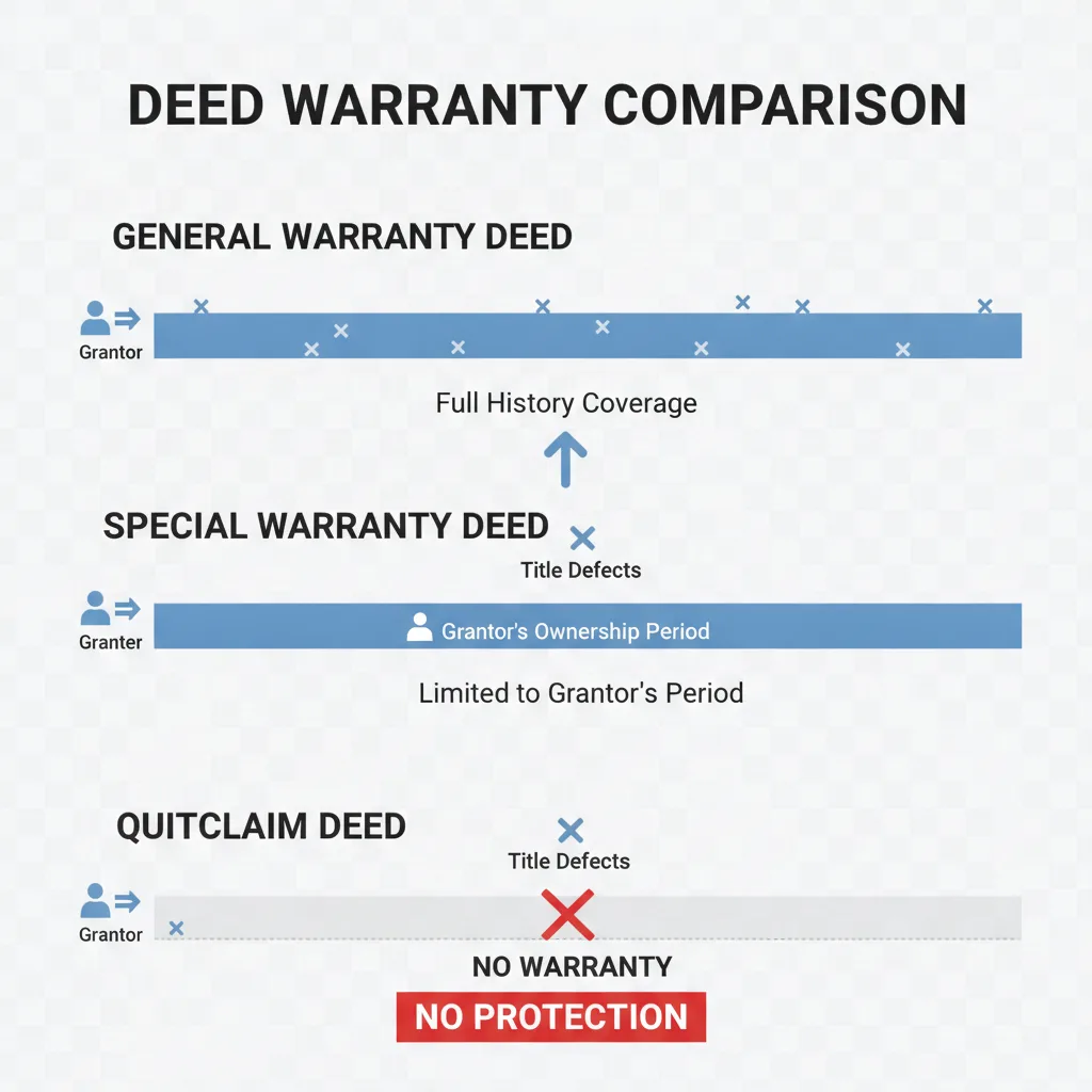 Comparison table showing the scope of warranty for General Warranty, Special Warranty, and Quitclaim deeds.