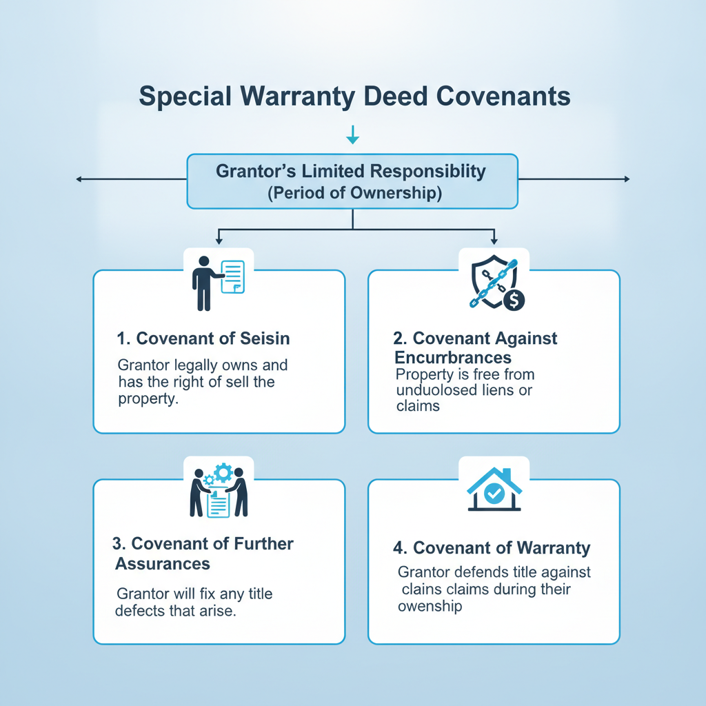 Diagram showing the four key covenants of a Special Warranty Deed: Seisin, Against Encumbrances, Further Assurances, and Warranty.