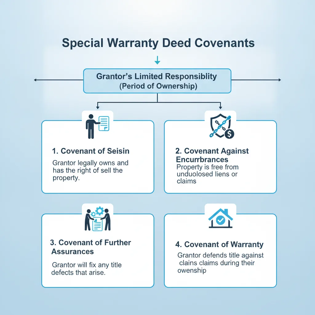 Diagram showing the four key covenants of a Special Warranty Deed: Seisin, Against Encumbrances, Further Assurances, and Warranty.