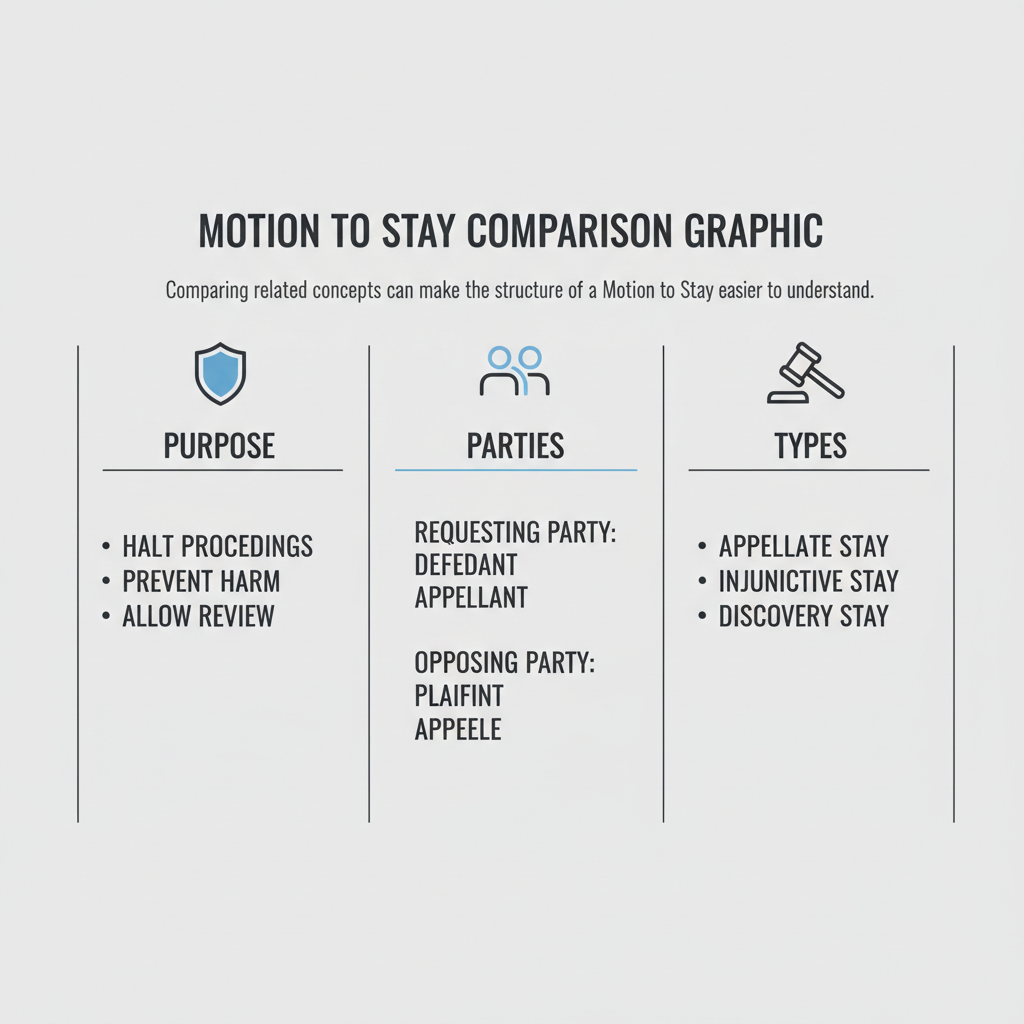 Comparison graphic explaining concepts related to a Motion to Stay.