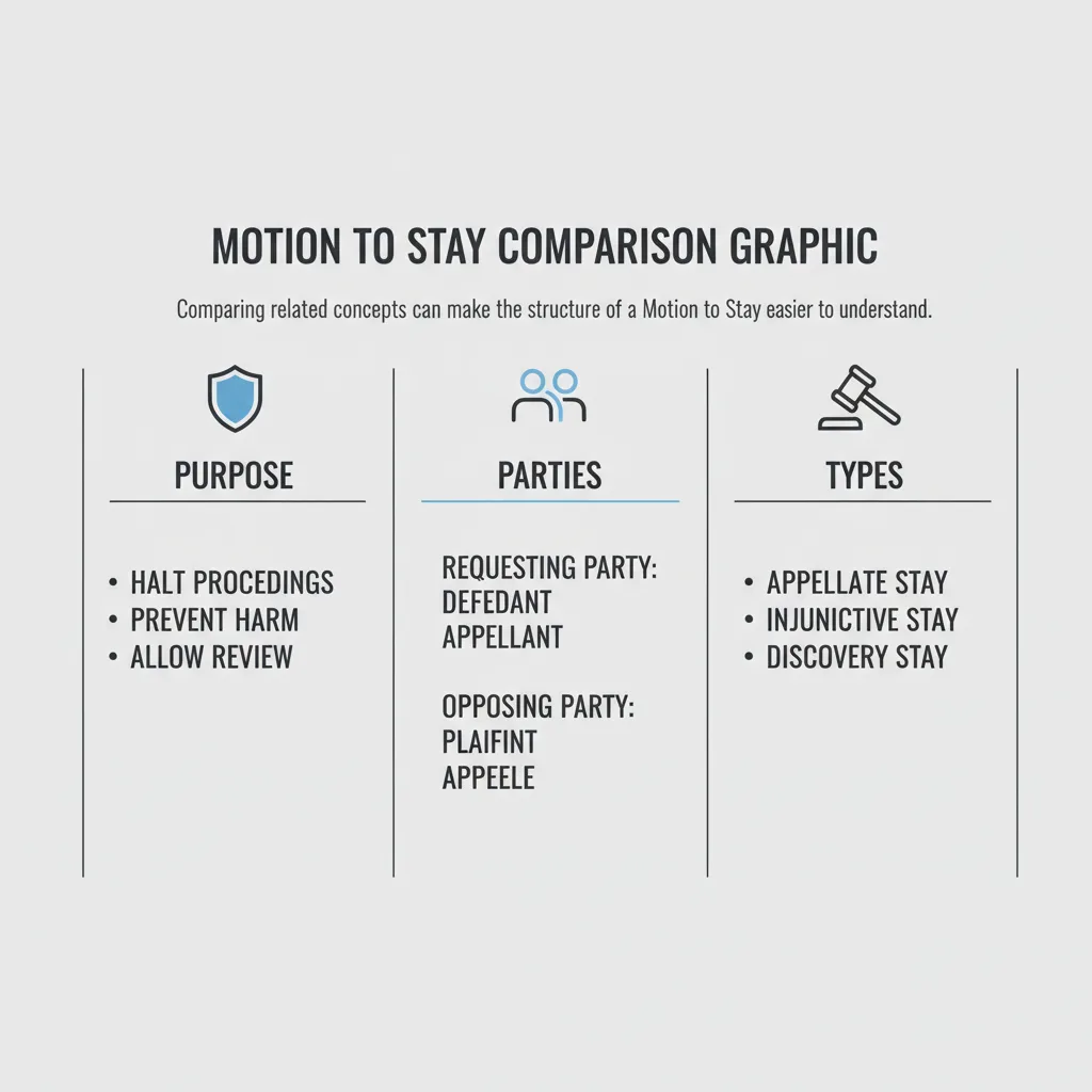Comparison graphic explaining concepts related to a Motion to Stay.