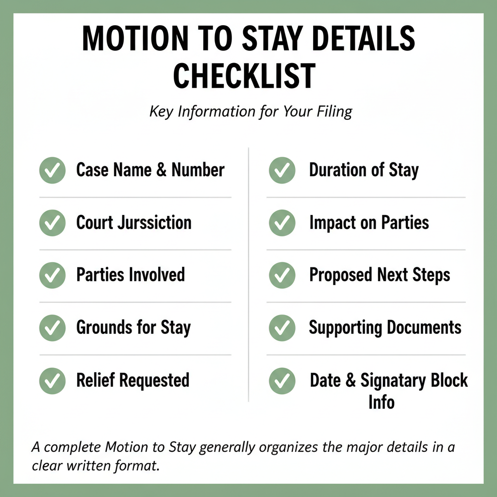 Checklist of details commonly addressed in a Motion to Stay.