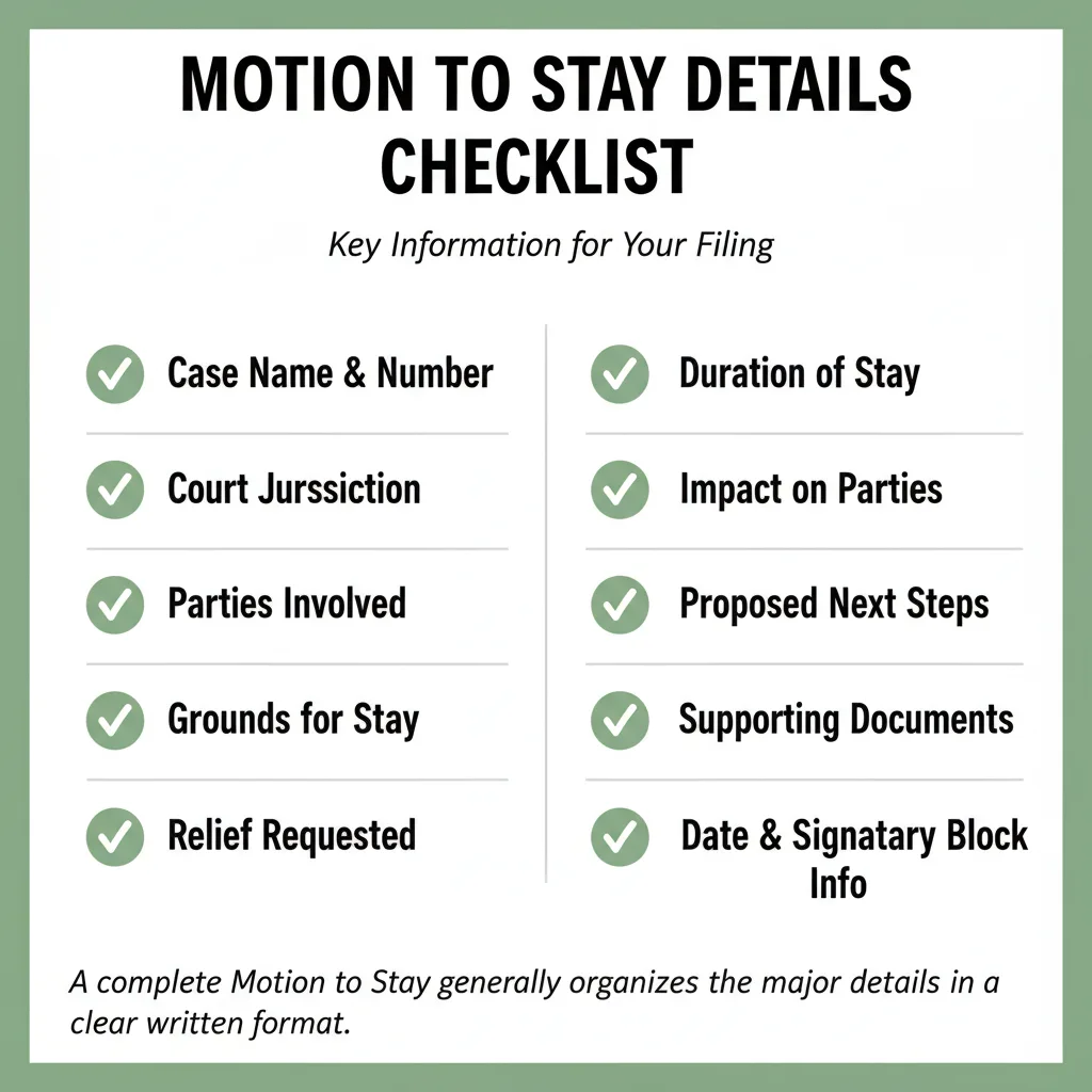 Checklist of details commonly addressed in a Motion to Stay.