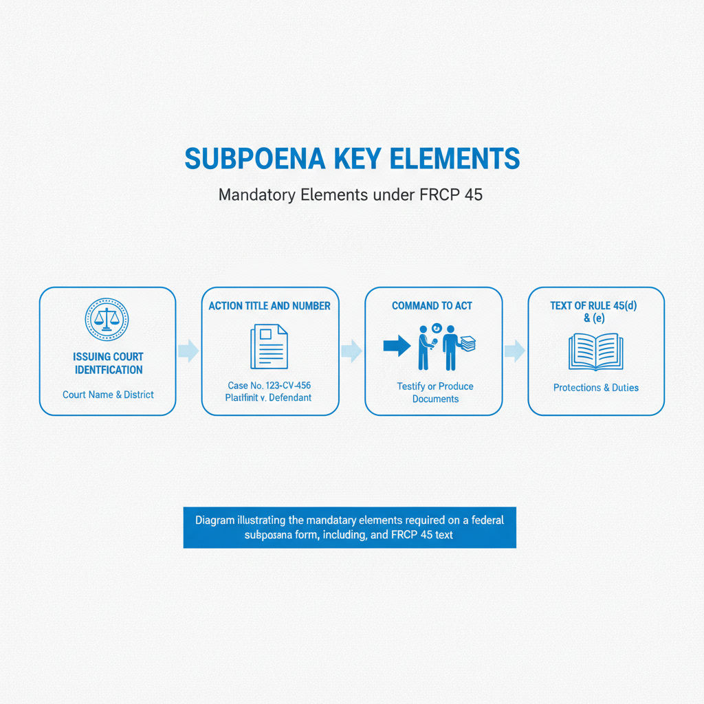 Diagram illustrating the mandatory elements required on a federal subpoena form, including court, case details, command, and FRCP 45 text.