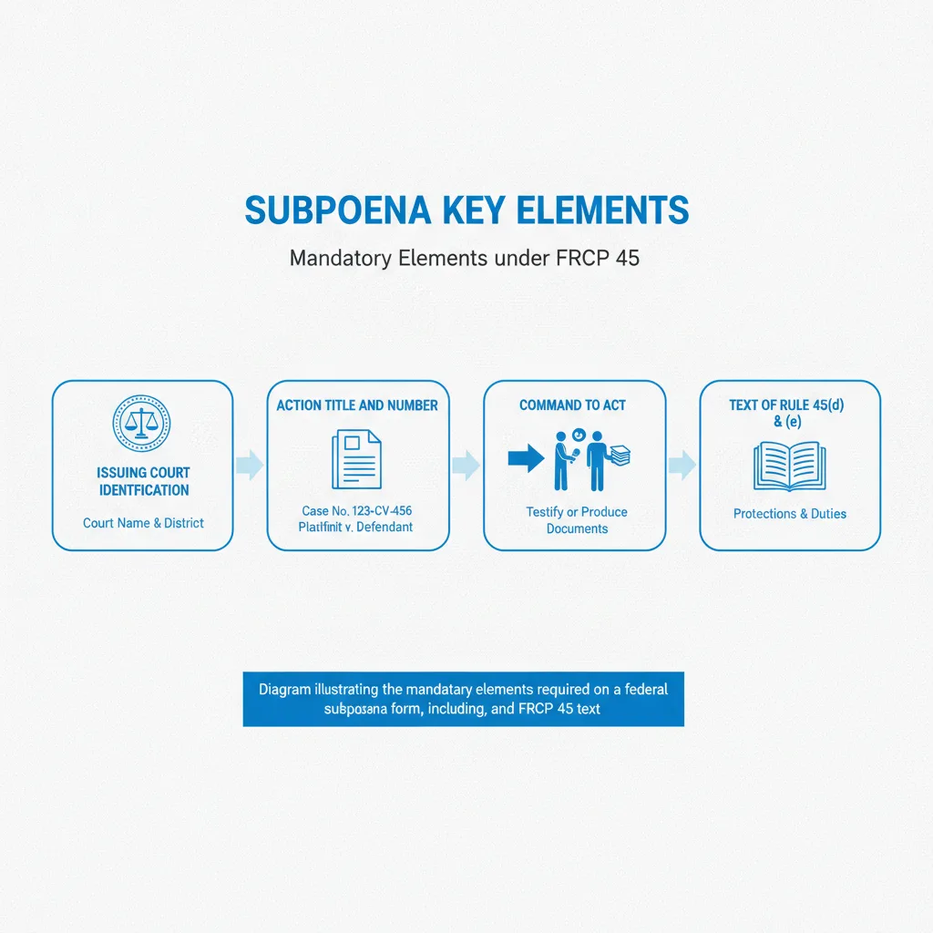 Diagram illustrating the mandatory elements required on a federal subpoena form, including court, case details, command, and FRCP 45 text.