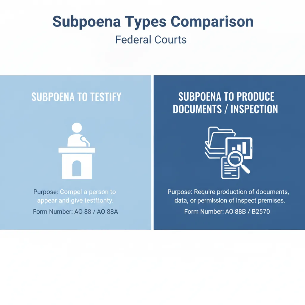 Comparison of federal subpoena types, showing subpoenas for testimony versus subpoenas for documents or inspection.