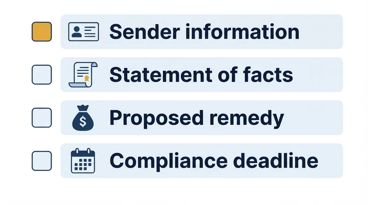 A checklist showing the essential components of a pre-litigation notice.
