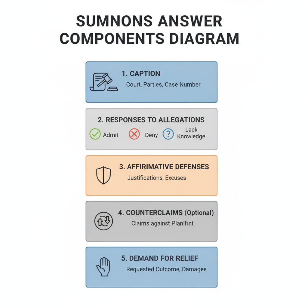 Diagram showing the essential parts of a legal summons answer document, including caption, responses, defenses, and relief.