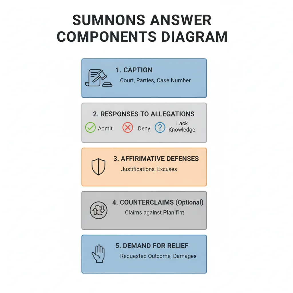 Diagram showing the essential parts of a legal summons answer document, including caption, responses, defenses, and relief.