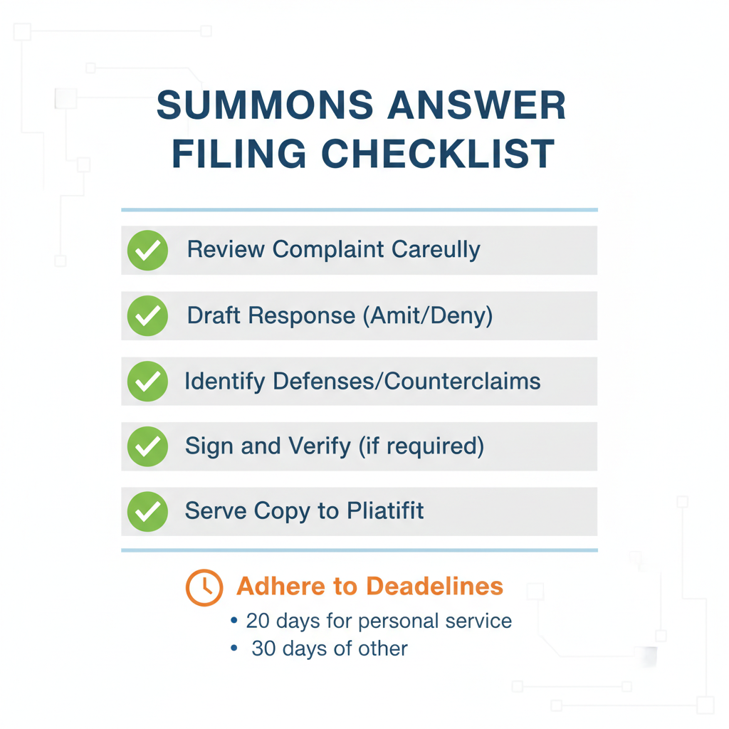 Checklist of steps and deadlines for filing a summons answer, including drafting, signing, filing, and serving.