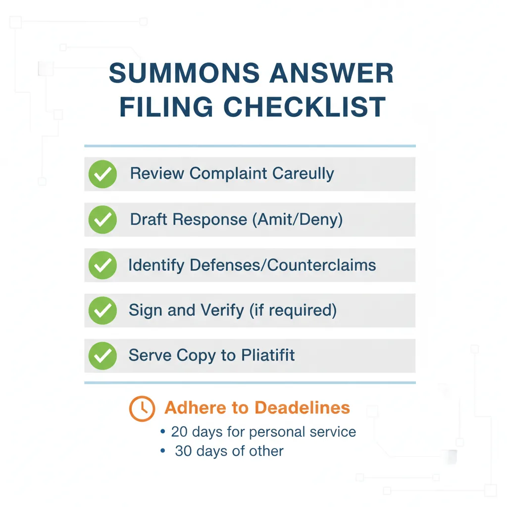 Checklist of steps and deadlines for filing a summons answer, including drafting, signing, filing, and serving.
