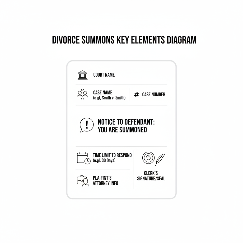 Diagram showing the key elements of a Divorce Summons, including court, case, party, notice, and response deadline information.
