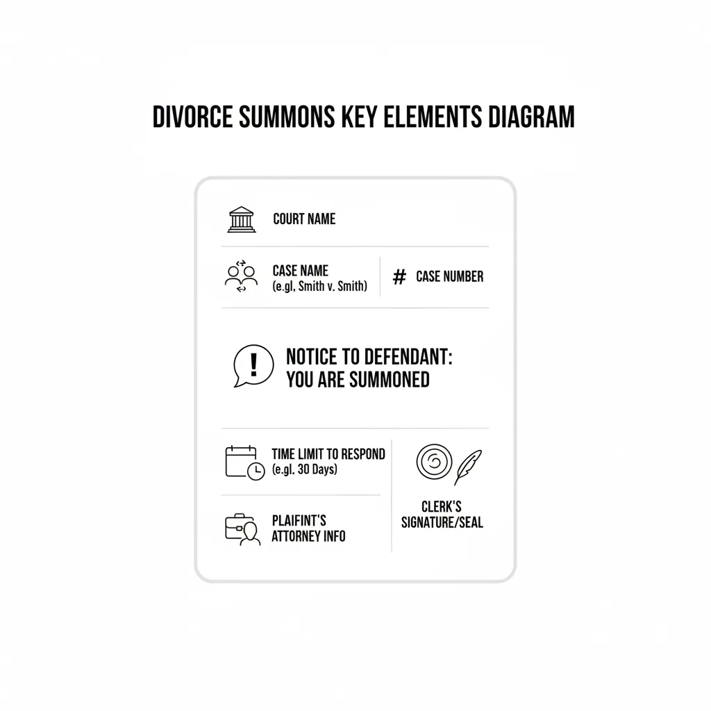 Diagram showing the key elements of a Divorce Summons, including court, case, party, notice, and response deadline information.