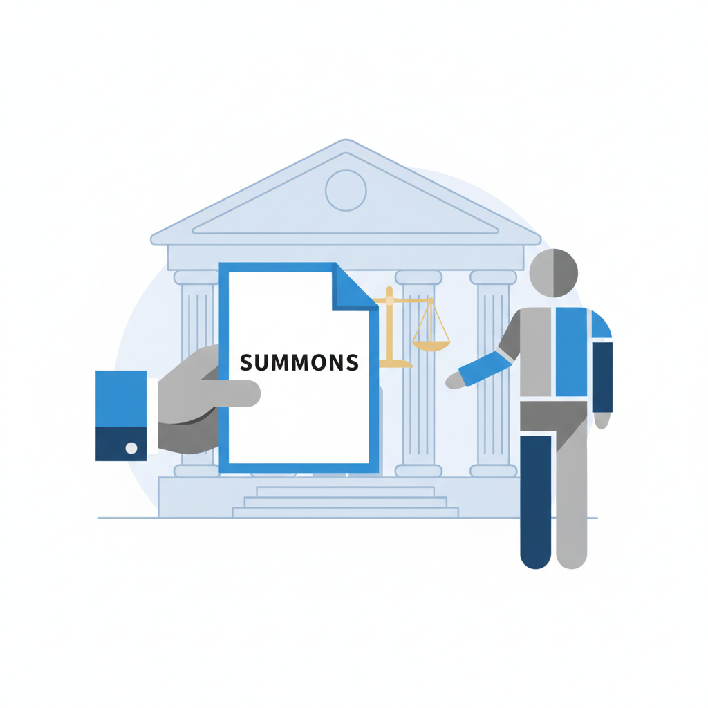 Illustration depicting a stylized hand delivering a legal document labeled 'Summons' to another figure, symbolizing formal service of process.