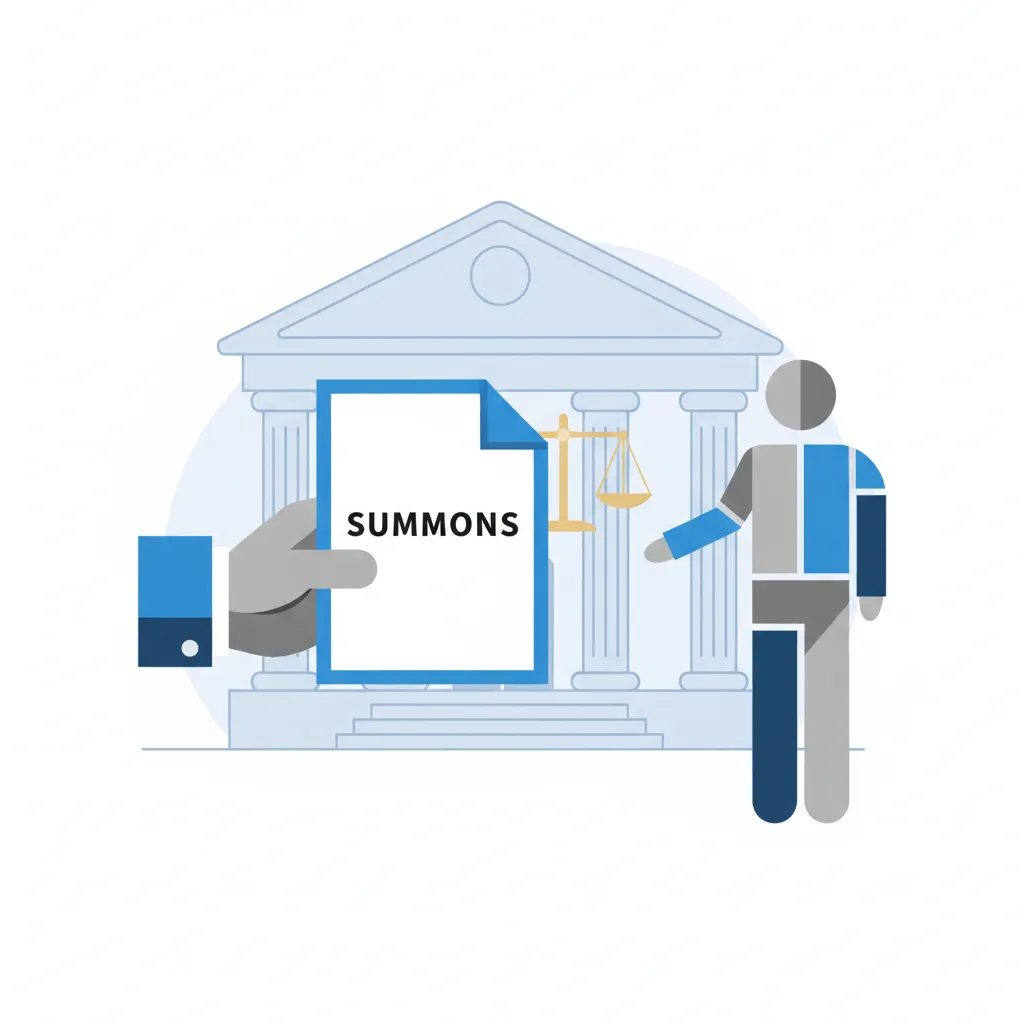 Illustration depicting a stylized hand delivering a legal document labeled 'Summons' to another figure, symbolizing formal service of process.
