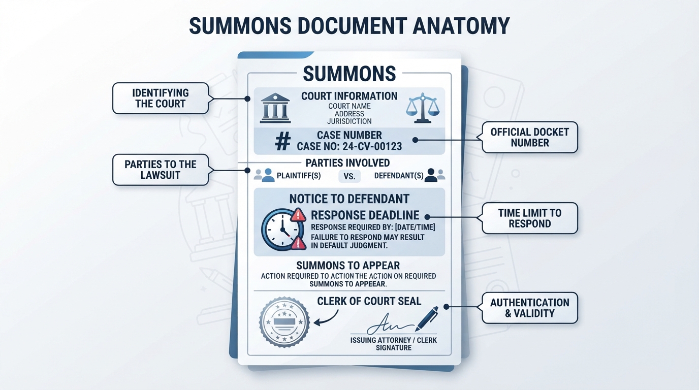 An infographic diagram showing the key elements and layout of a legal summons document.