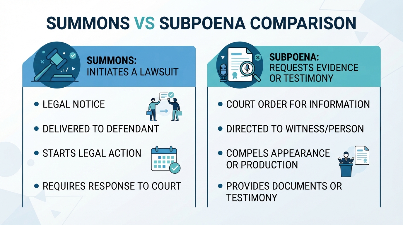 A comparison chart highlighting the differences between a summons and a subpoena.