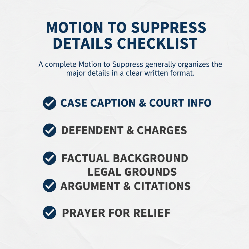 Checklist of details commonly addressed in a Motion to Suppress.