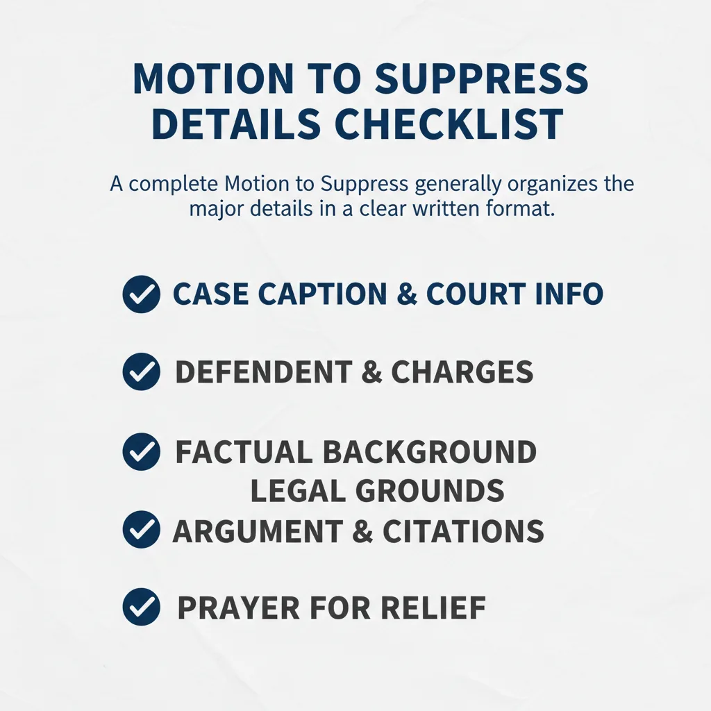 Checklist of details commonly addressed in a Motion to Suppress.