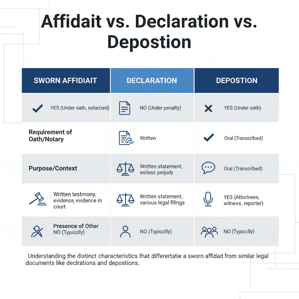 Comparison table outlining the differences between a sworn affidavit, a declaration, and a deposition based on oath requirements, format, and context.
