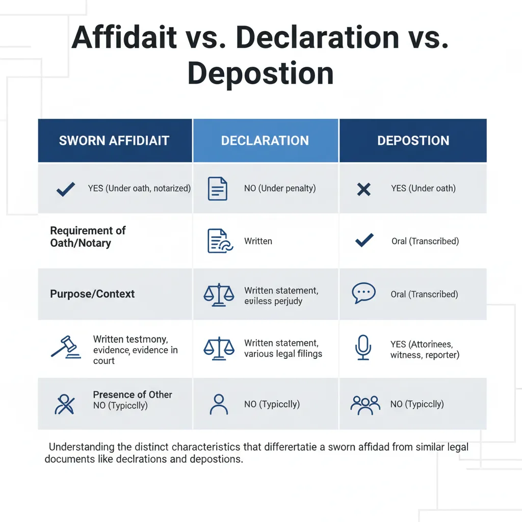 Comparison table outlining the differences between a sworn affidavit, a declaration, and a deposition based on oath requirements, format, and context.