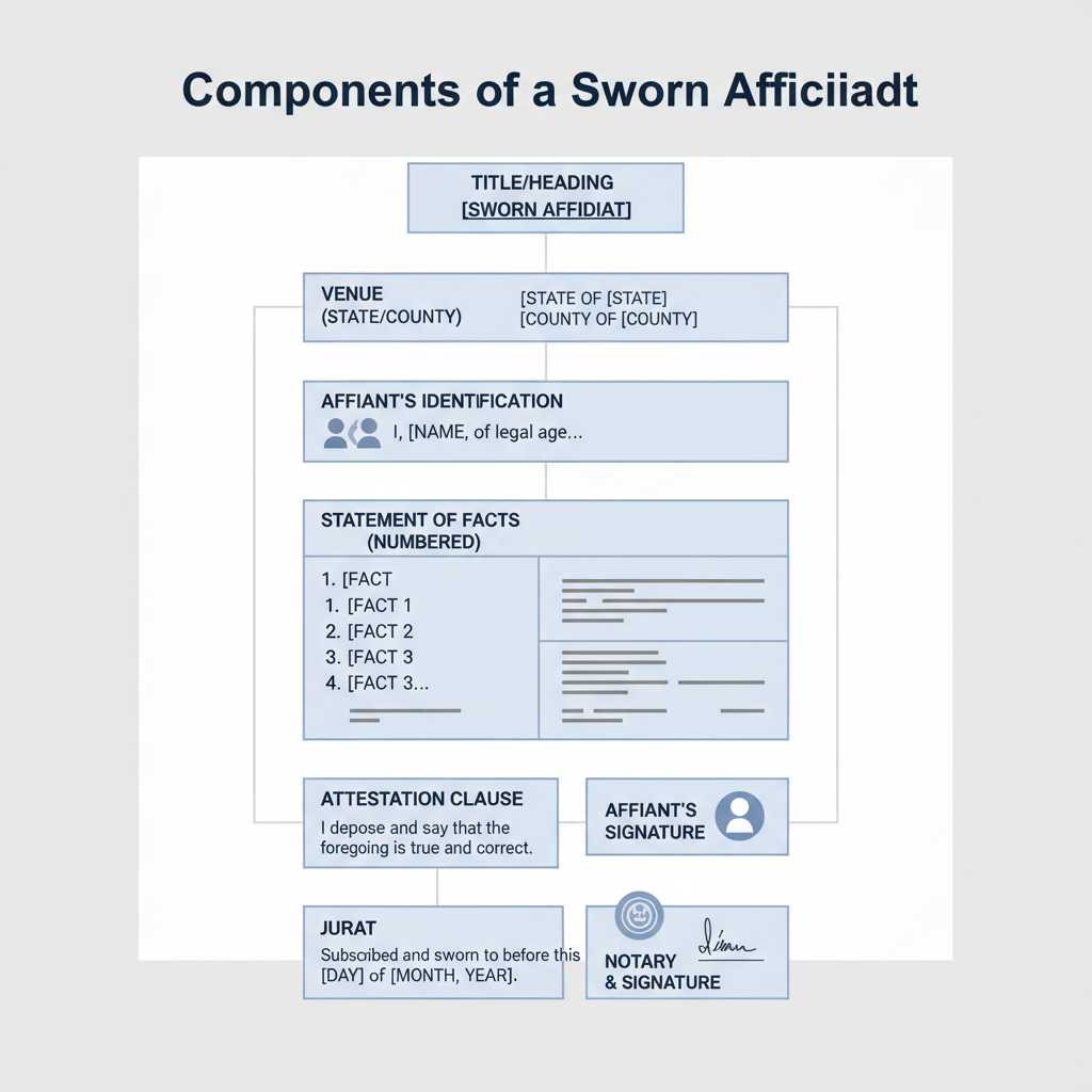 Diagram showing the essential parts of a sworn affidavit, including title, venue, affiant details, factual statements, attestation, signatures, and notary information.
