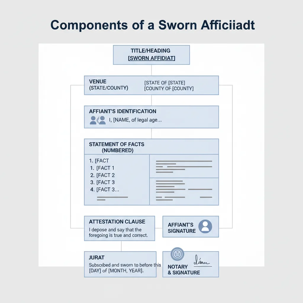 Diagram showing the essential parts of a sworn affidavit, including title, venue, affiant details, factual statements, attestation, signatures, and notary information.