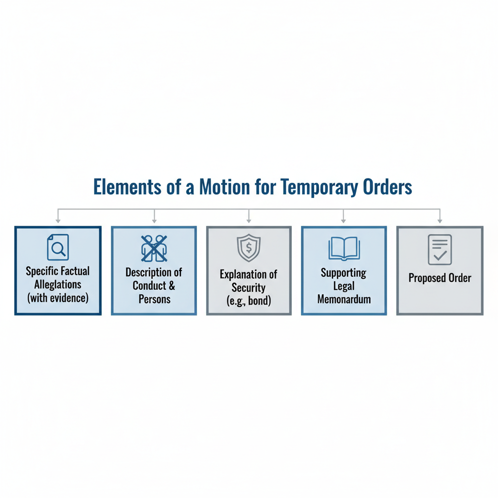 Diagram showing the essential components required for filing a motion for temporary orders, including factual allegations, a description of the requested conduct, security details,