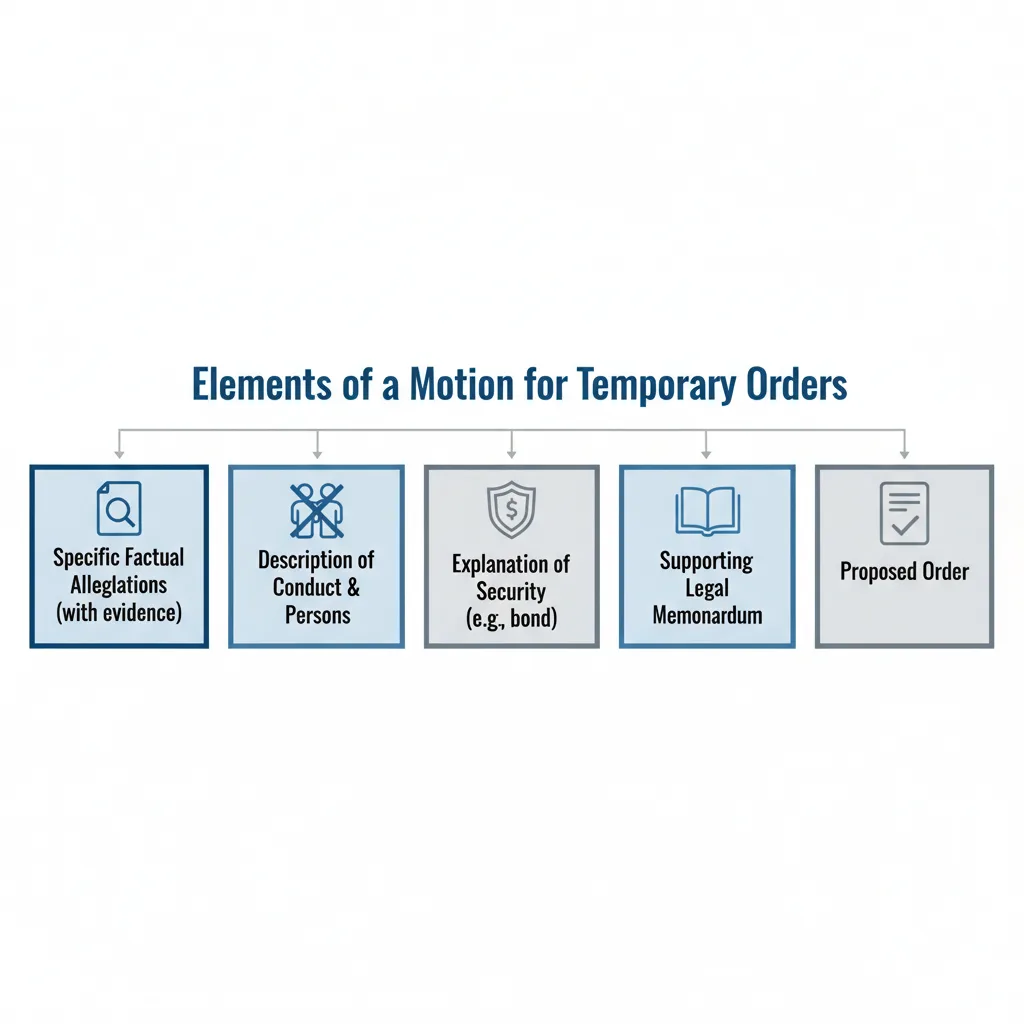 Diagram showing the essential components required for filing a motion for temporary orders, including factual allegations, a description of the requested conduct, security details,