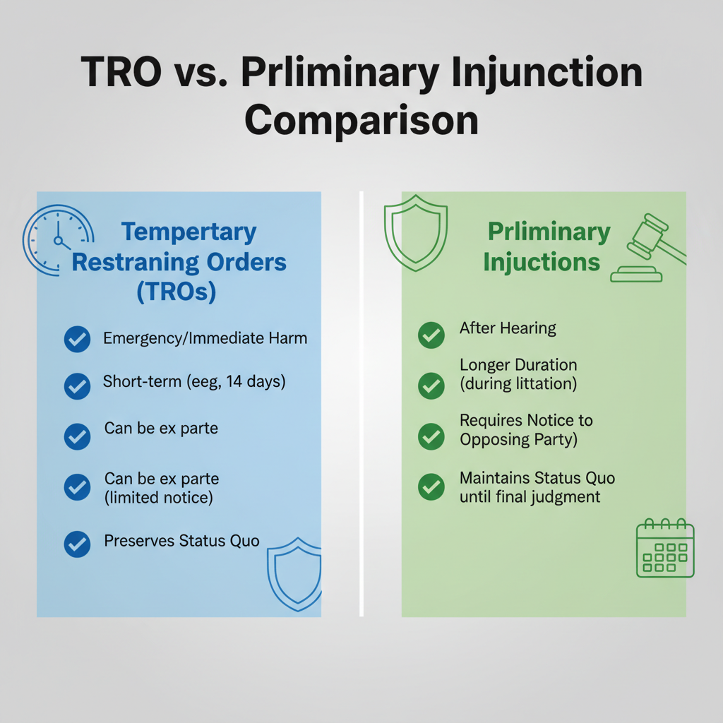 Comparison chart outlining the differences between a Temporary Restraining Order (TRO) and a Preliminary Injunction, highlighting duration, notice requirements, and purpose.