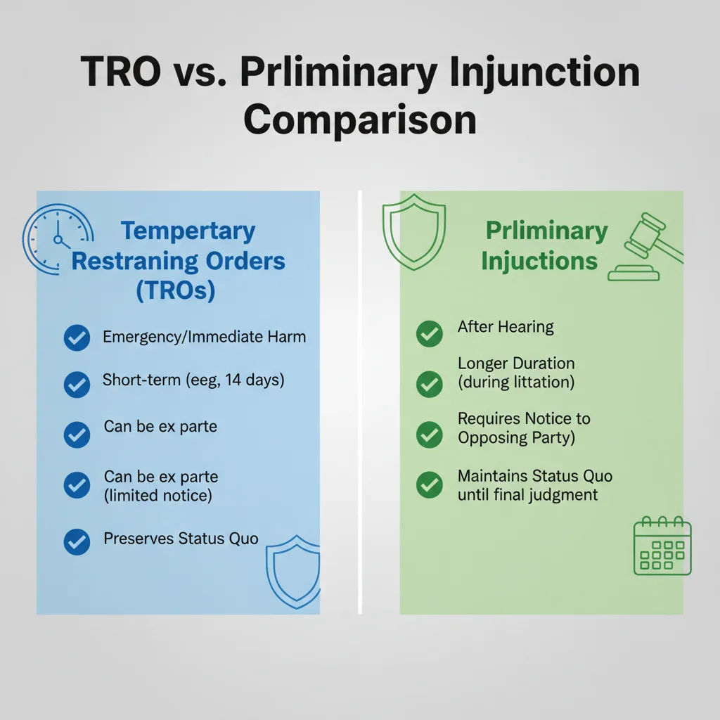 Comparison chart outlining the differences between a Temporary Restraining Order (TRO) and a Preliminary Injunction, highlighting duration, notice requirements, and purpose.