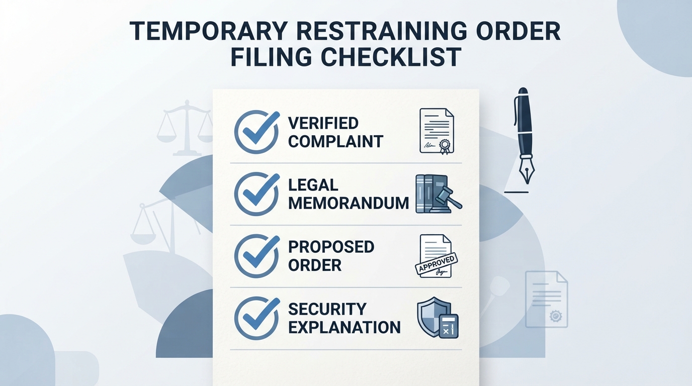 A minimalist checklist showing the key documents required to file a Temporary Restraining Order.