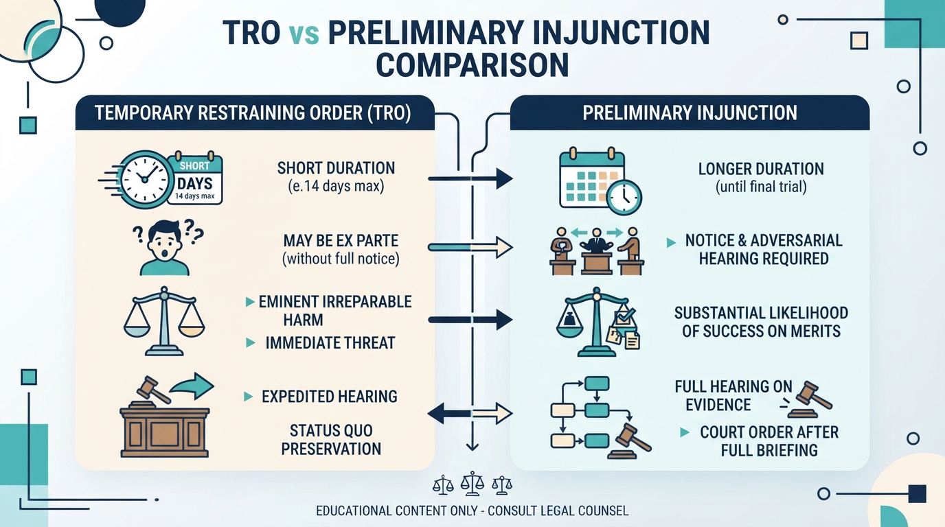 A side-by-side comparison matrix distinguishing Temporary Restraining Orders from Preliminary Injunctions.