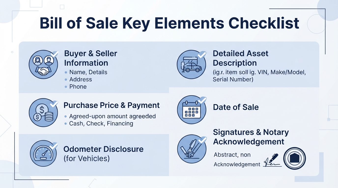 Checklist of essential elements required in a Tennessee Bill of Sale.