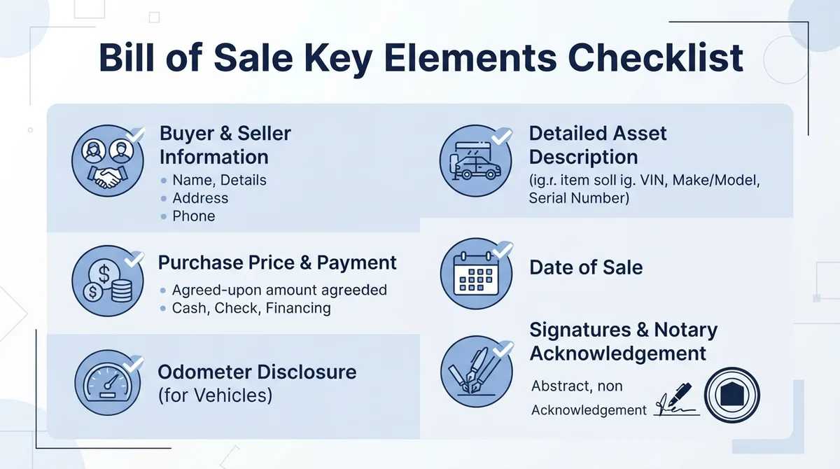 Checklist of essential elements required in a Tennessee Bill of Sale.