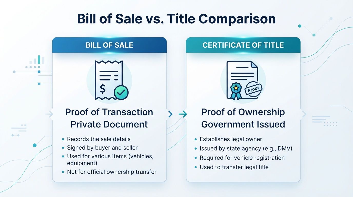 Comparison graphic showing the differences between a Bill of Sale and a Certificate of Title.