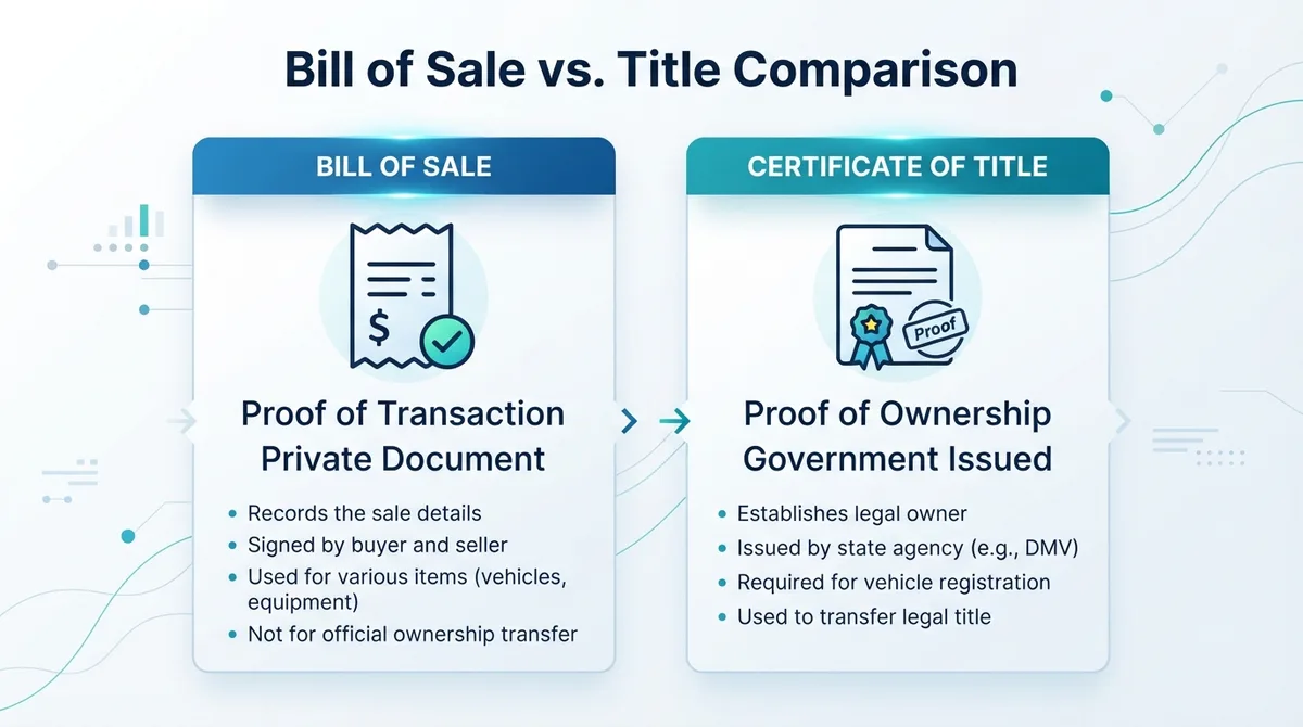 Comparison graphic showing the differences between a Bill of Sale and a Certificate of Title.