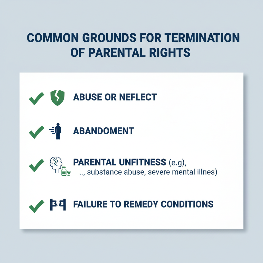 Checklist outlining common legal grounds for termination of parental rights, such as abuse, neglect, abandonment, and parental unfitness.