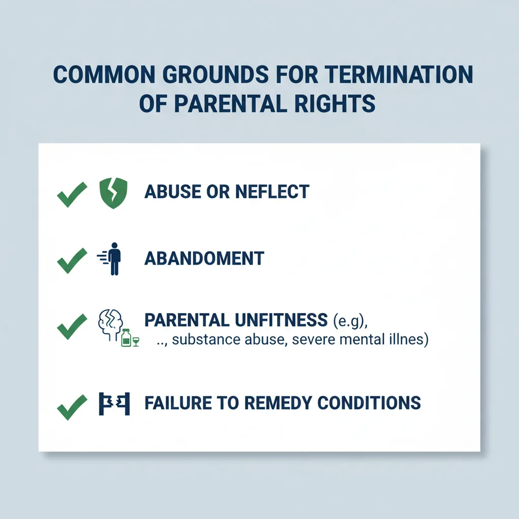Checklist outlining common legal grounds for termination of parental rights, such as abuse, neglect, abandonment, and parental unfitness.